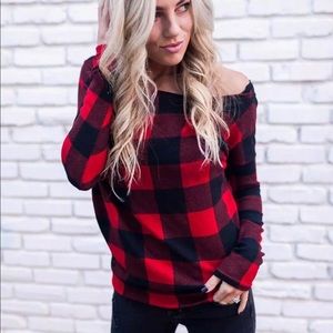 Red Black Buffalo Plaid Check Off The Shoulder Top